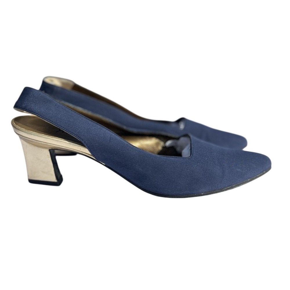 Yves Saint Laurent Slingback Heel Womens 7.5N Navy Blue Gold Vintage Elegant